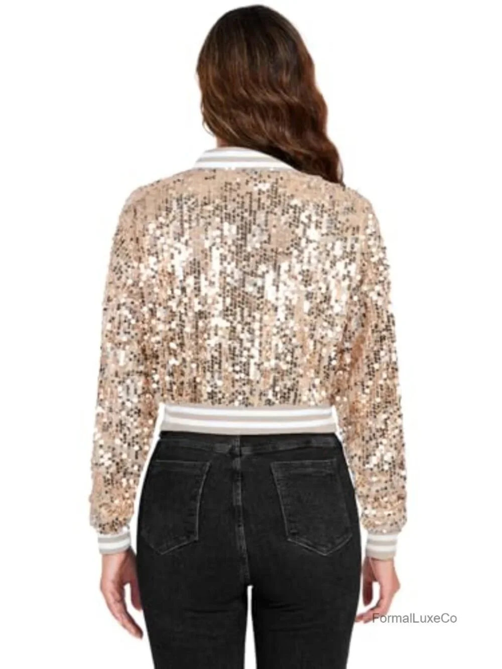 Sparkly Sequin Cropped Bomber Jacket Long Sleeve Zip Up Party Club